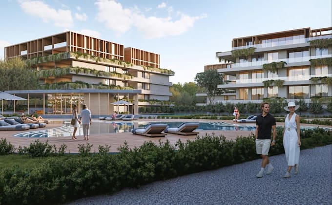 3d apartment visualization, urban housing development, exterior pool area render