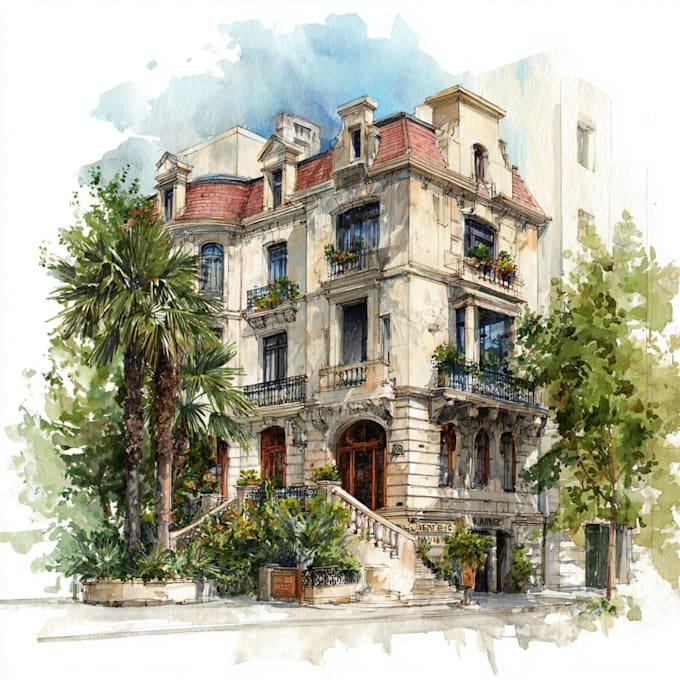 sketch architecture building with watercolor rendering
