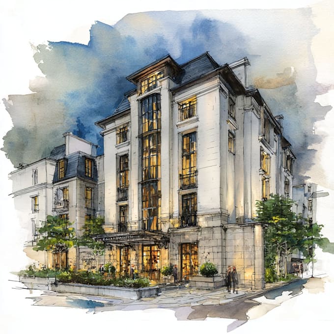 Sketch architecture building or houses with watercolour rendering by ...