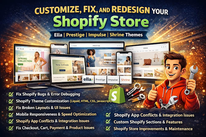 design redesign fix shopify store using ella, prestige, impulse or shrine theme