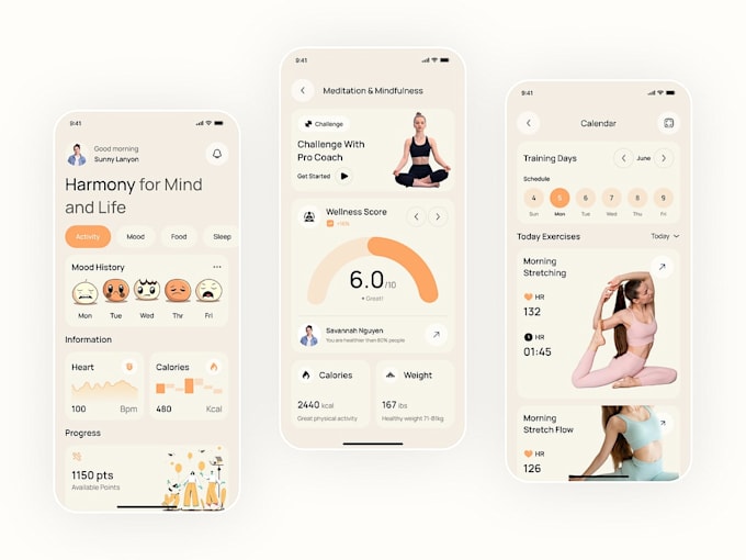 develop a modern meditation and mindfulness mobile app, calming features and UI