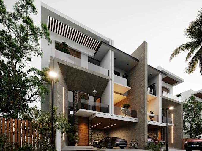 retrofit 3d detached duplex,private backyard pool,minimal exterior,garden render