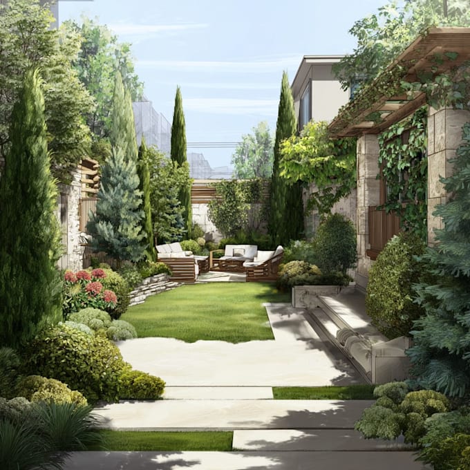 create backyard landscape design rendering