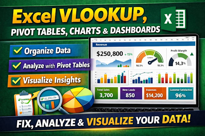 do excel vlookup, pivot tables, charts, graphs and interactive dashboards
