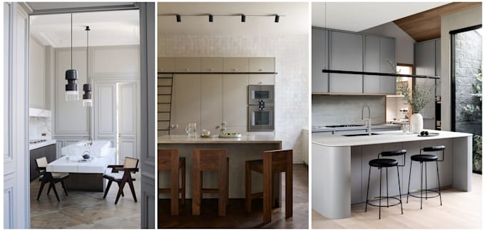 do high end kitchen interior design cabinet layout and 3d rendering