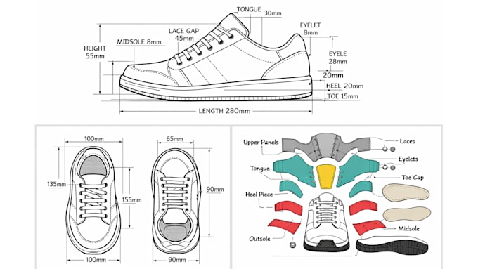 create professional shoe tech tech pack, footwear cad and technical drawing