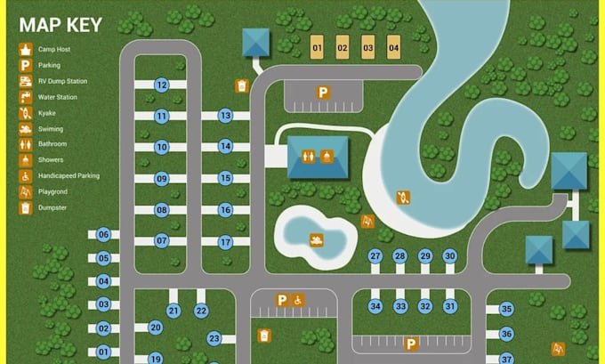 draw 2d or 3d vector rv park map, campground map, resort property site plan