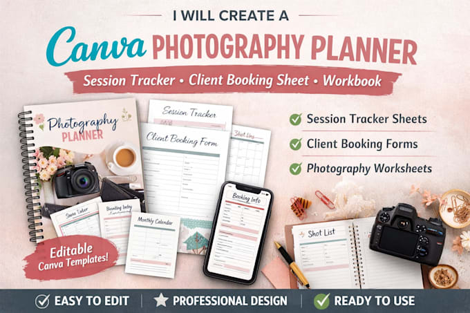 create canva photography planner, session tracker, client booking sheet workbook