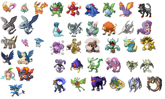 Create pokemon pixel art sprite sheet, fakemon trainer, gen 1 2 3 ...