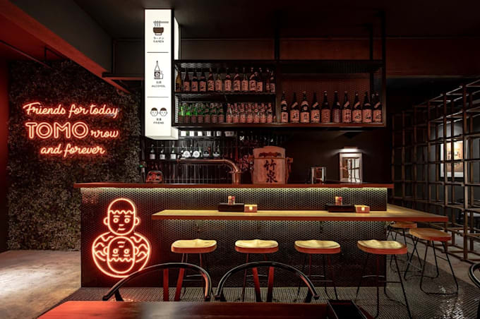 redesign 3d asian restaurant interior, ramen bar, cafe rendering,cgi revit model