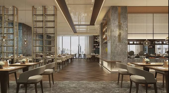 visualize 3d fine dining restaurant,cafe,kitchen design,bar counter rendering