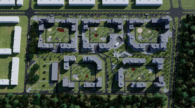 redesign residential complex,landscape aerial 3d rendering, 3d layout, site plan
