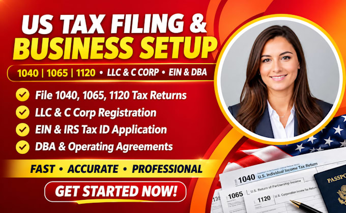 file US taxes 1040, 1065, 1120 for llc c corp ein dba