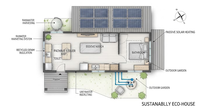 Design a sustainable tiny eco house layout with solar by Peteroliv | Fiverr
