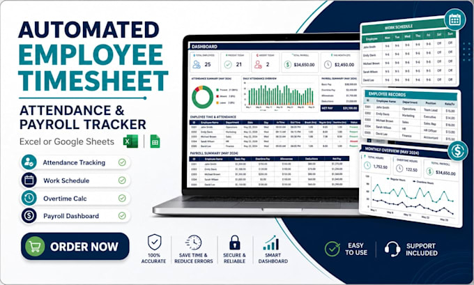 create automated employee timesheet, attendance tracker, and payroll spreadsheet