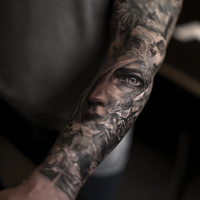 do premium trash polka design , sleeve tattoo