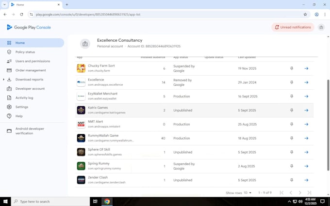 create a verifyed google play console account, play store account