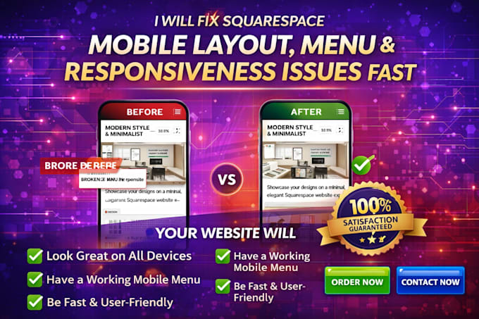 fix squarespace mobile layout, menu and responsiveness issues fast