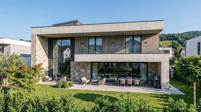 create photorealistic 3d exterior rendering modern villa
