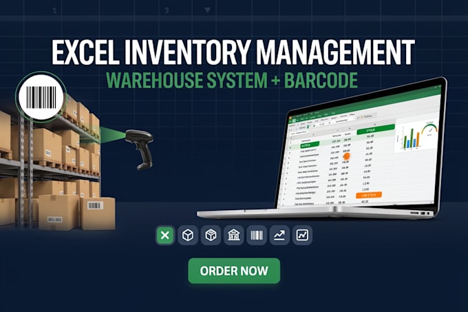 create an excel inventory management and warehouse system with barcode