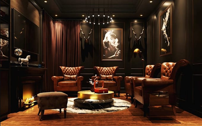 design cozy cigar room, private lounge rendering, interior dim lightning setup