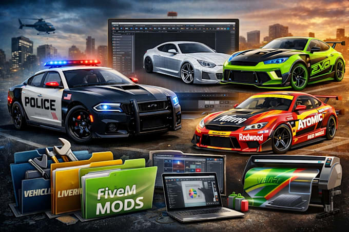 design custom fivem car model, fivem car livery wrap design for fivem servers