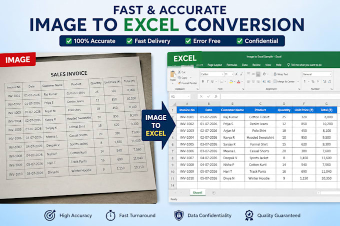 convert image to excel, PDF to excel, and microsoft excel data entry