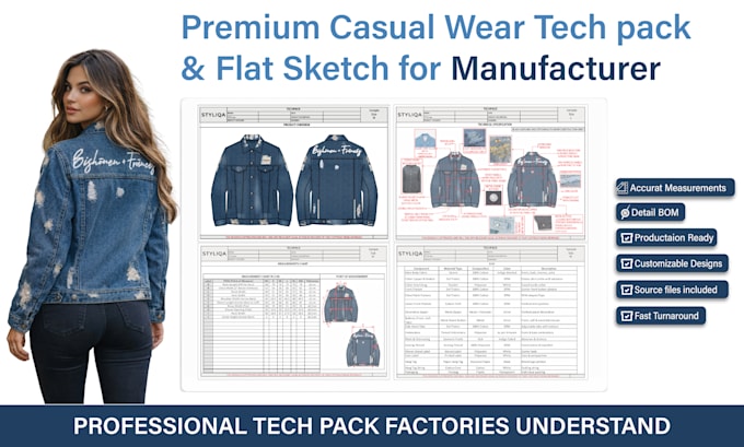 do a denim tech pack and sewing pattern for jeans or jacket