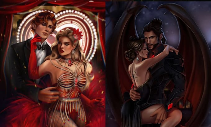 Draw semi realistic character design nsfw couple art dark romance book