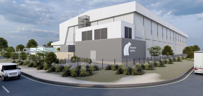 construct 3d logistic warehouse,industrial exterior retail,parking space render