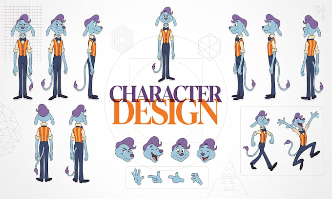create a 2d character design with turnaround and expressions