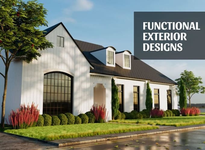 visualize farmhouse, render realistic cabin house, small apartment, front facade