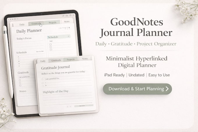 design daily journal organizer, gratitude journal project planner goodnotes app