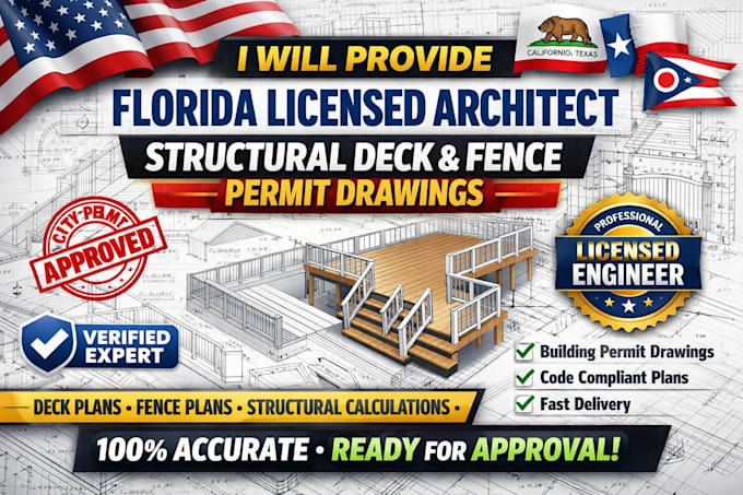 Provide florida licnsed architect structural deck fence permit drawings ...