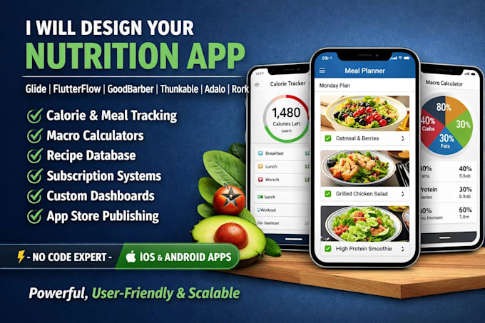 design a nutritional app glide app goodbarber flutterflow thunkable adalo rork