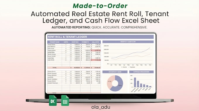 create expense tracker, rent roll, tenant ledger and cash flow spreadsheet