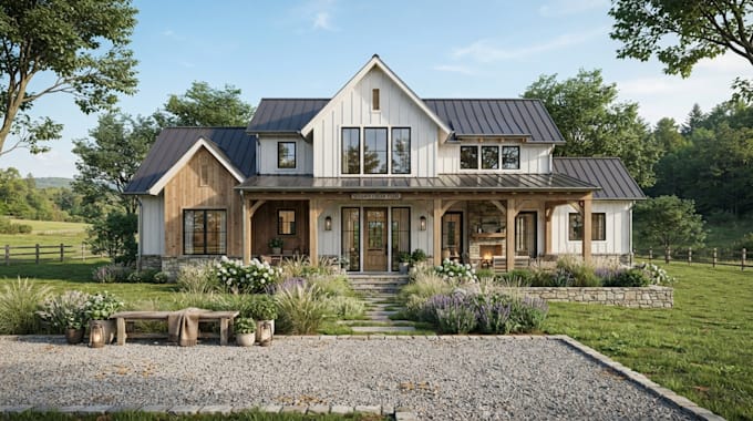 create 3d farmhouse, barndominium, tiny house, facade rendering