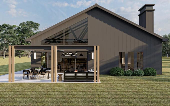 create 3d farmhouse, barndominium, tiny house, facade rendering