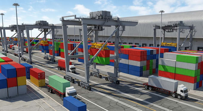do 3d seaport, ship port, container terminal, docking system and crane operation