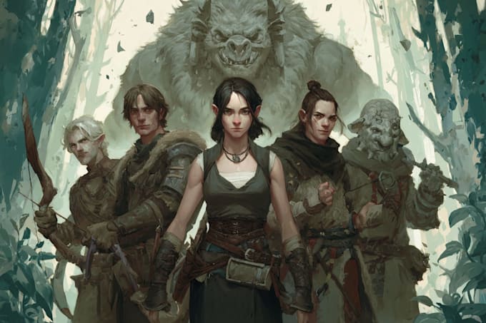 do group party character art, dnd party