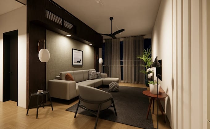 craft3d cozy condo interior, modern apartment decor, open plan layout cgi render