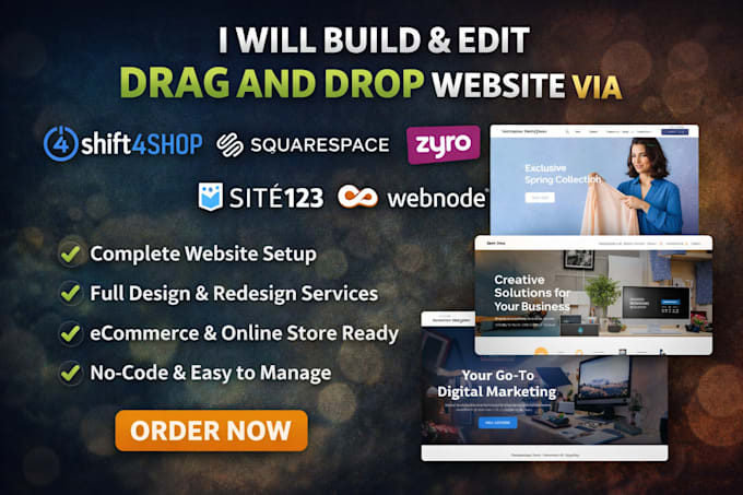 build edit drag and drop website via shift4shop squarespace zyro site123 webnode