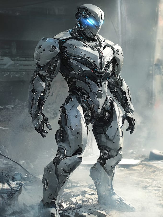 illustrate mecha helmet, weapon, armor concept character