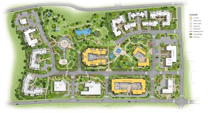 render landscape design, site plan, town plan, and plat map