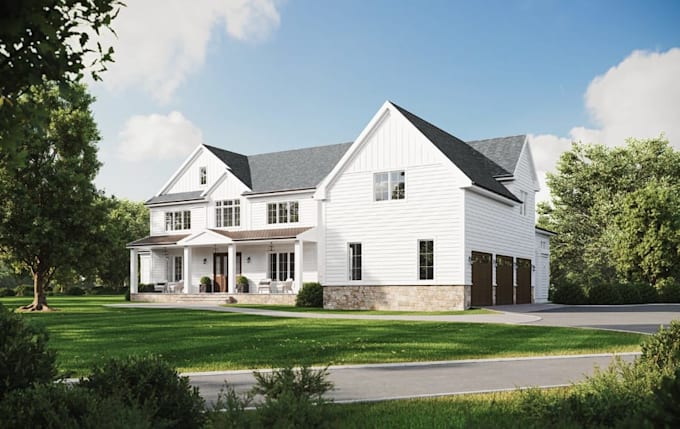 plan 3d modern farm house, cgi exterior visualization, render standard garage