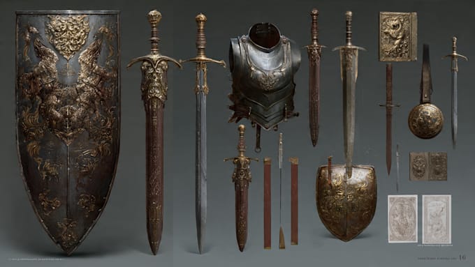 draw any medieval fantasy weapons, armors and items art