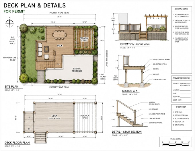 create deck patio pergola adu permit drawings, site plan and autocad blueprint