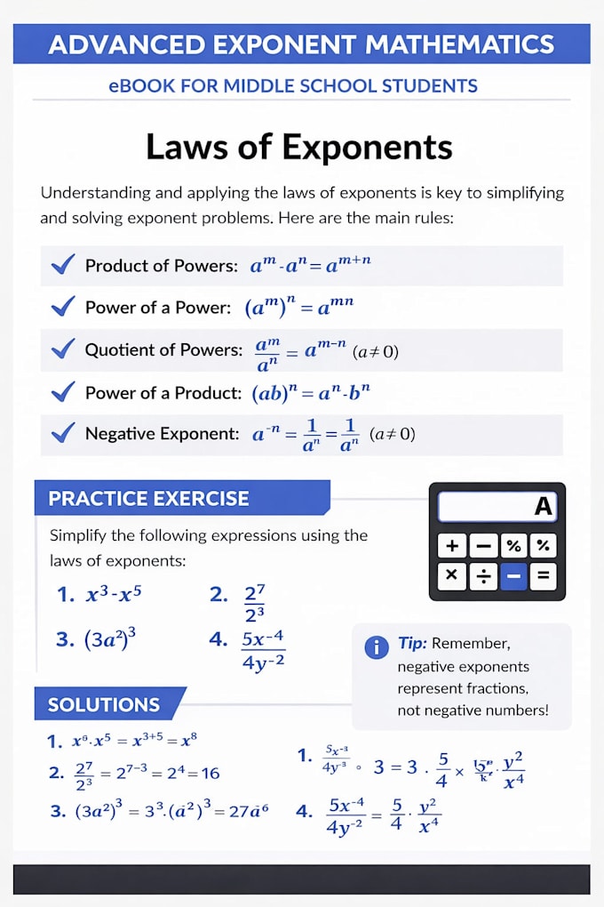 design a printable exponents workbook PDF for elementary and middle school