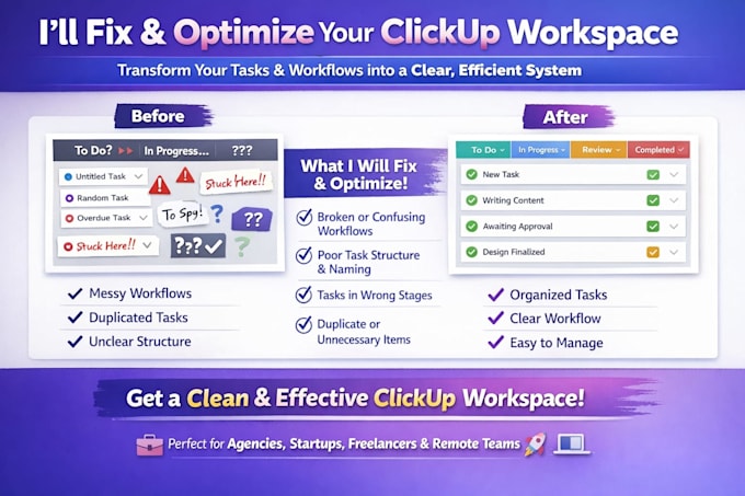 fix and optimize your clickup setup workflows sprint boards and automation