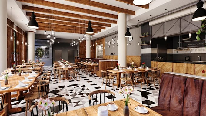 model 3d restaurant interior design, cozy coffee shop render, beam ceiling idea